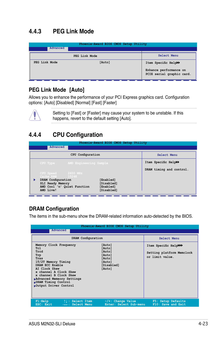 3 peg link mode, 4 cpu configuration, Peg link mode [auto | Dram configuration, Asus m2n32-sli deluxe -2 | Asus M2N32-SLI Deluxe User Manual | Page 89 / 170