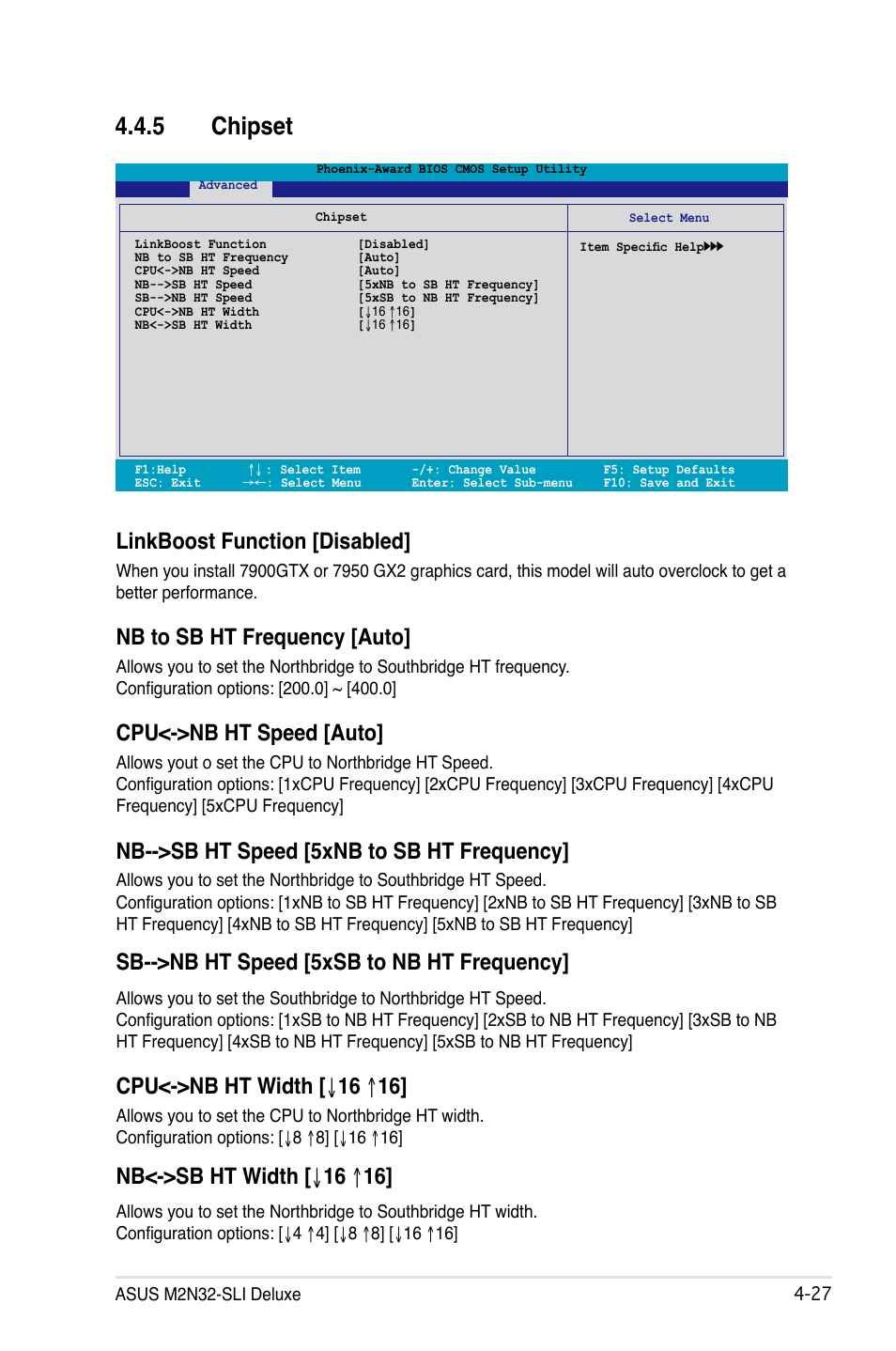 5 chipset, Linkboost function [disabled, Nb to sb ht frequency [auto | Cpu<->nb ht speed [auto, Nb-->sb ht speed [5xnb to sb ht frequency, Sb-->nb ht speed [5xsb to nb ht frequency, Cpu<->nb ht width [ ↓ 16 ↑ 16, Nb<->sb ht width [ ↓ 16 ↑ 16 | Asus M2N32-SLI Deluxe User Manual | Page 93 / 170