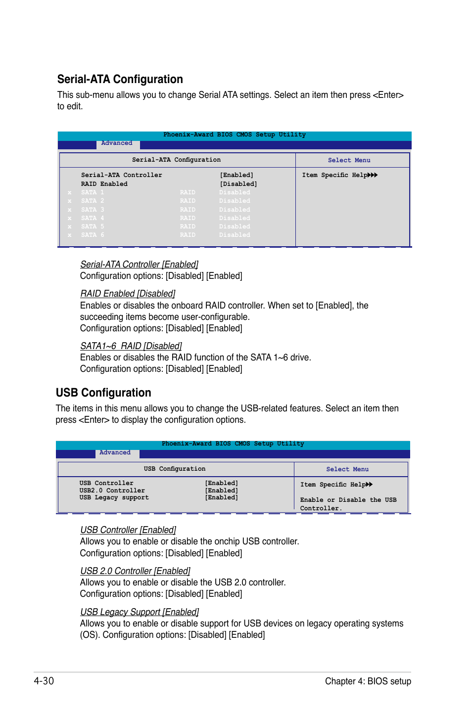 Serial-ata configuration, Usb configuration | Asus M2N32-SLI Deluxe User Manual | Page 96 / 170