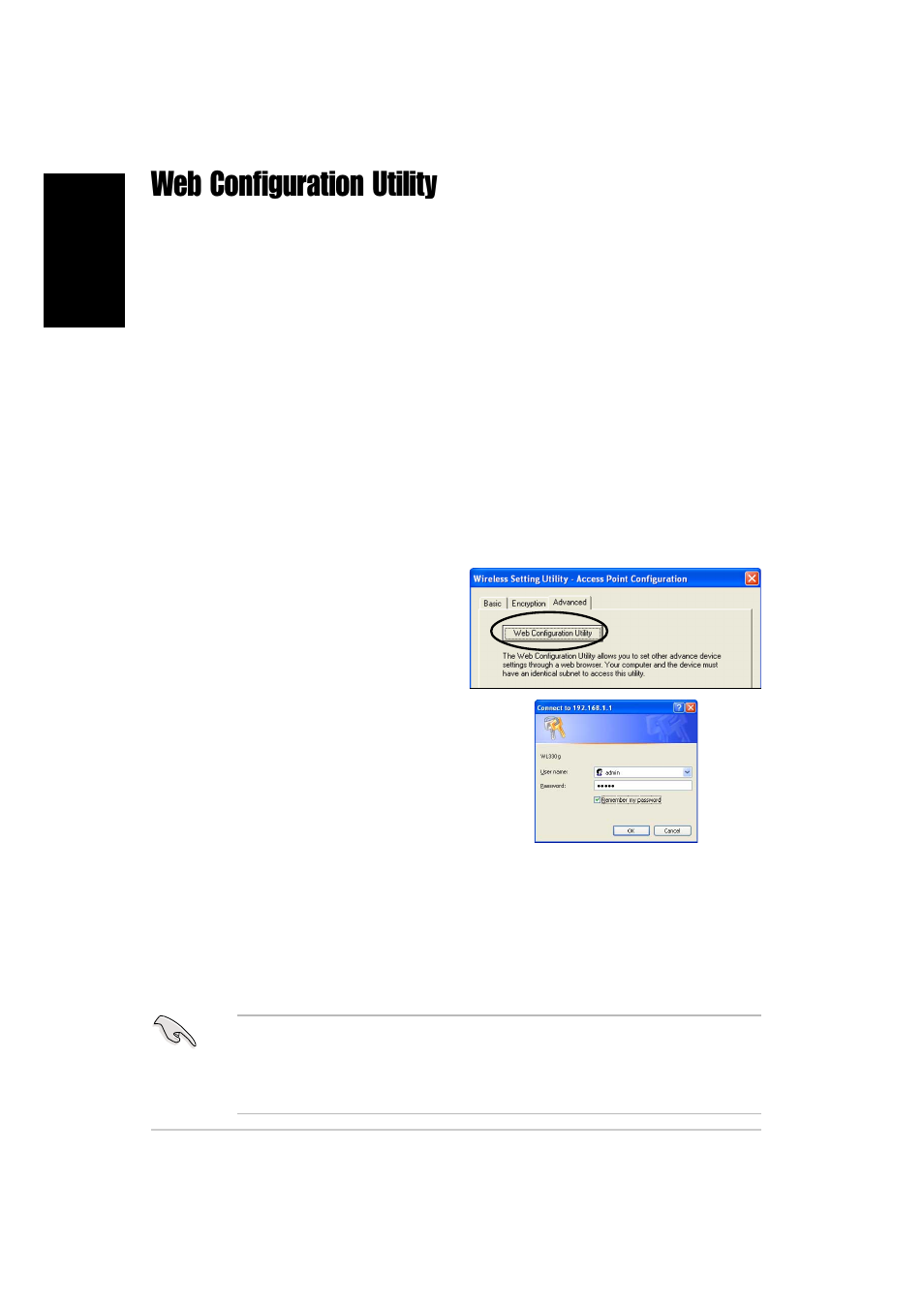 Web configuration utility, Launching the web configuration utility | Asus WL-330g User Manual | Page 12 / 60