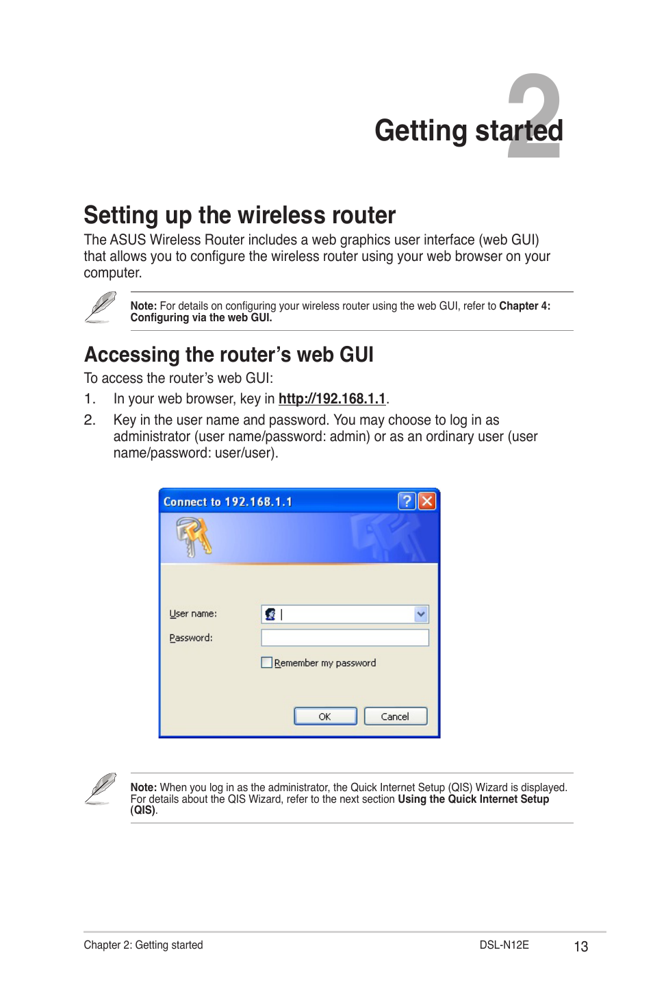 Getting started, Setting up the wireless router, Accessing the router’s web gui | Asus DSL-N12E User Manual | Page 13 / 61