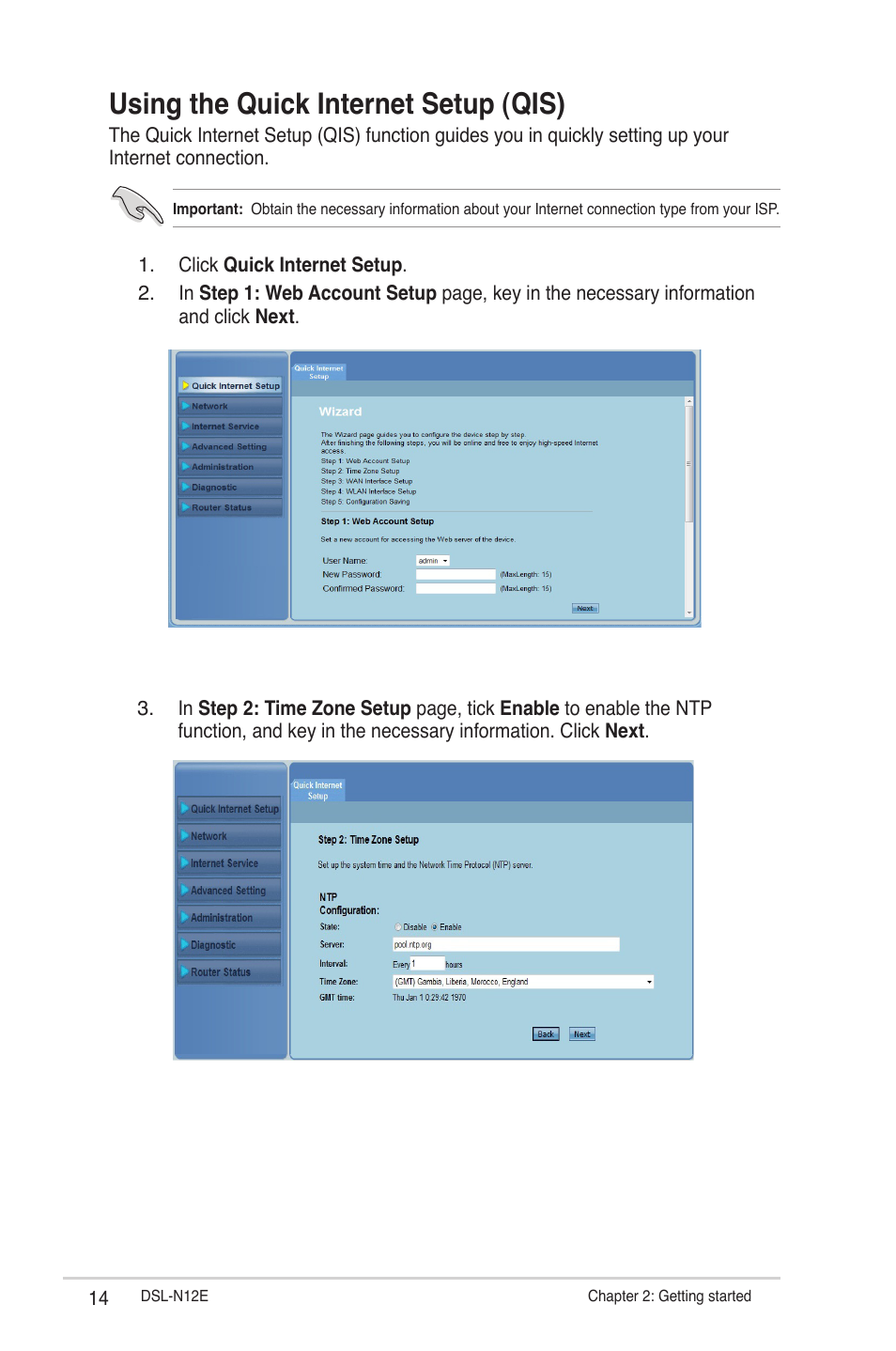 Using the quick internet setup (qis) | Asus DSL-N12E User Manual | Page 14 / 61