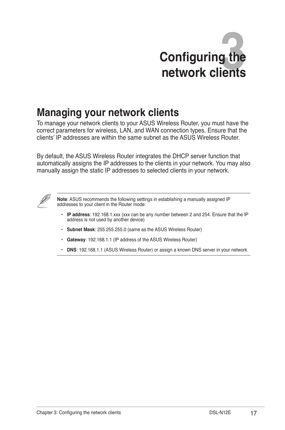 Configuring the network clients, Managing your network clients | Asus DSL-N12E User Manual | Page 17 / 61