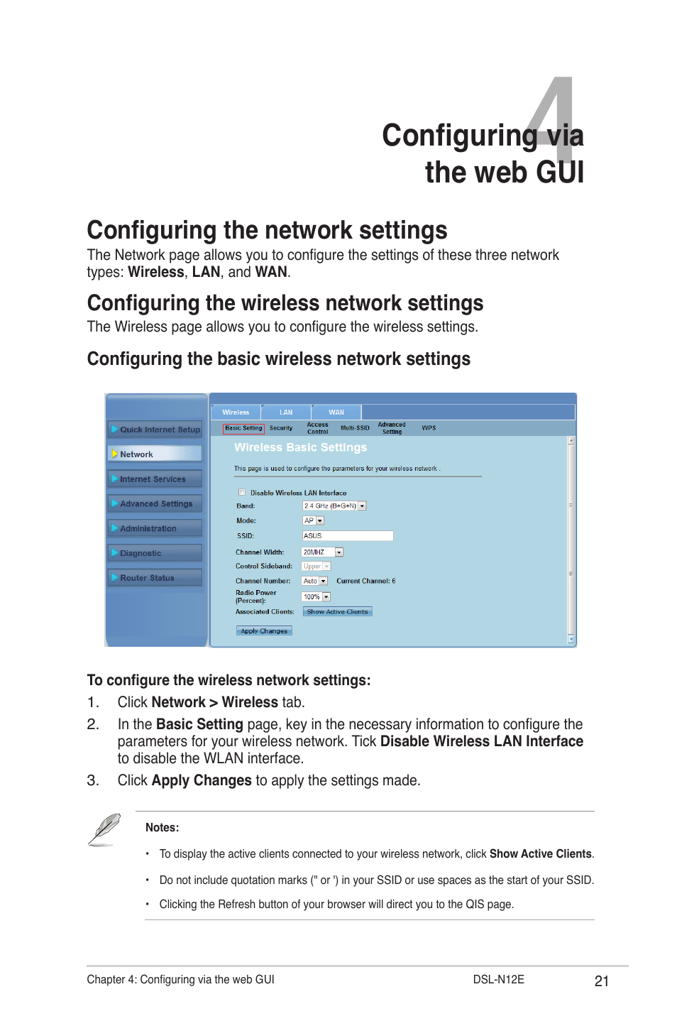 Configuring via the web gui, Configuring the network settings, Configuring the wireless network settings | Asus DSL-N12E User Manual | Page 21 / 61