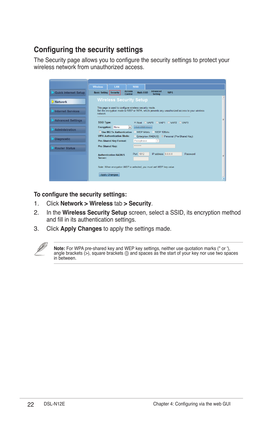 Configuring the security settings | Asus DSL-N12E User Manual | Page 22 / 61