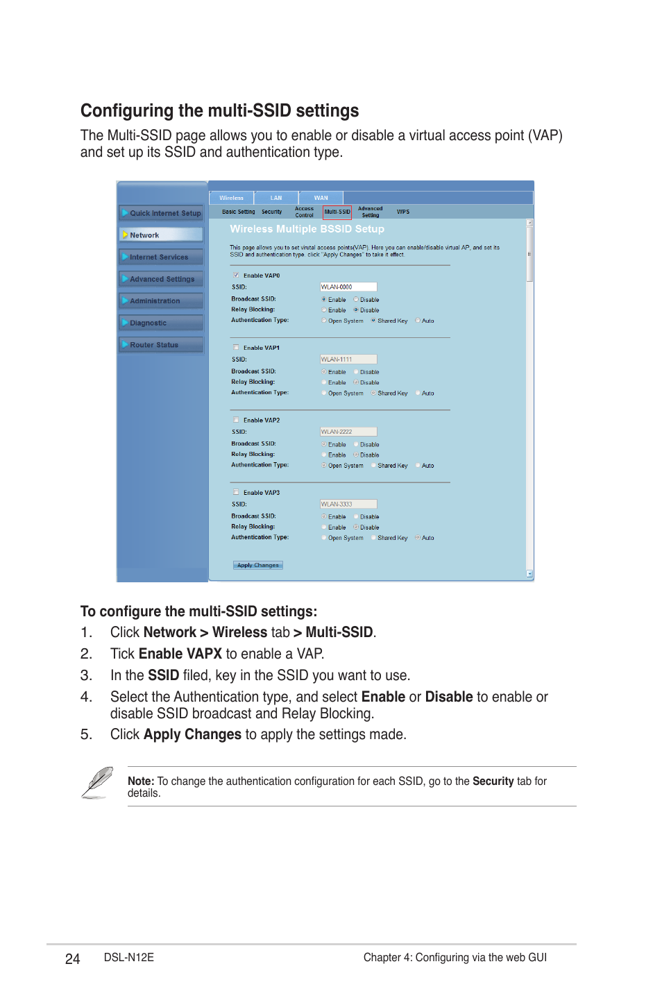 Configuring the multi-ssid settings | Asus DSL-N12E User Manual | Page 24 / 61