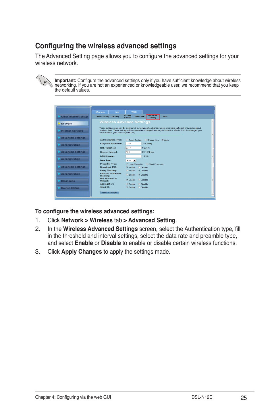 Configuring the wireless advanced settings | Asus DSL-N12E User Manual | Page 25 / 61