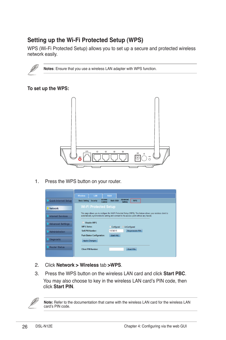 Setting up the wi-fi protected setup (wps) | Asus DSL-N12E User Manual | Page 26 / 61