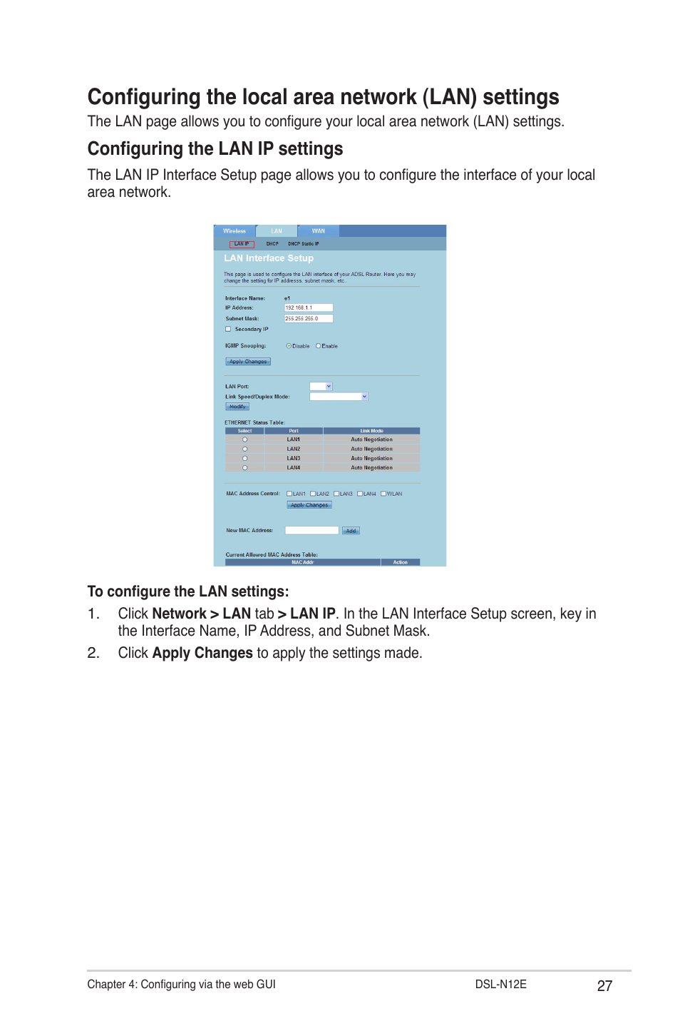 Configuring the local area network (lan) settings, Configuring the lan ip settings | Asus DSL-N12E User Manual | Page 27 / 61