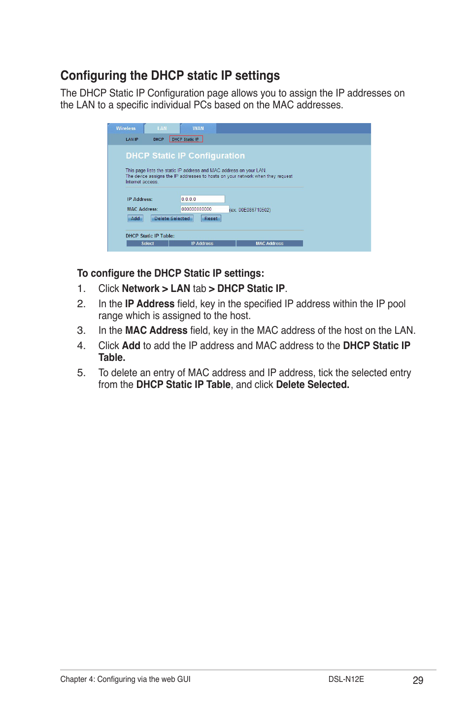 Configuring the dhcp static ip settings | Asus DSL-N12E User Manual | Page 29 / 61