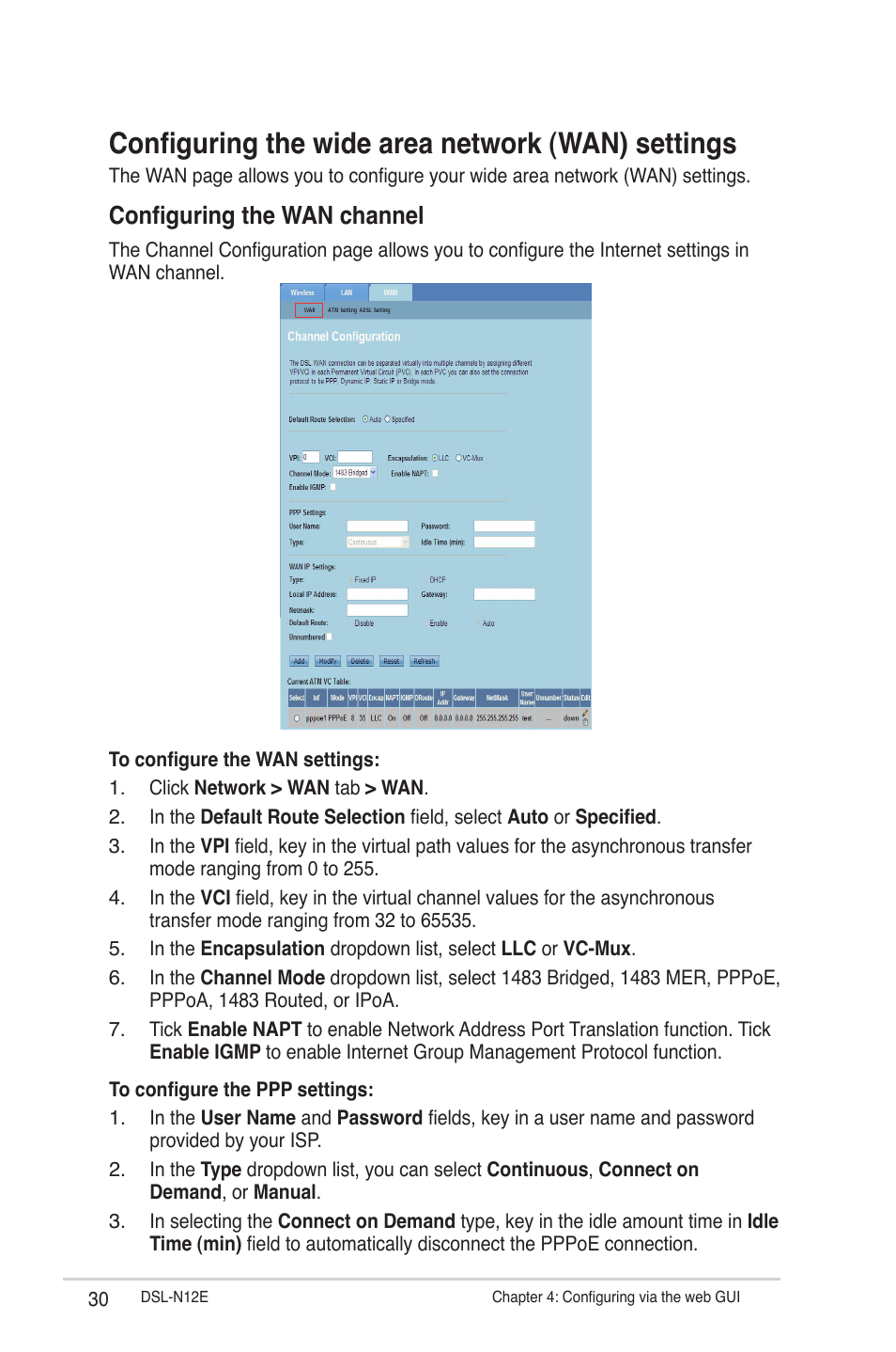 Configuring the wide area network (wan) settings, Configuring the wan channel | Asus DSL-N12E User Manual | Page 30 / 61