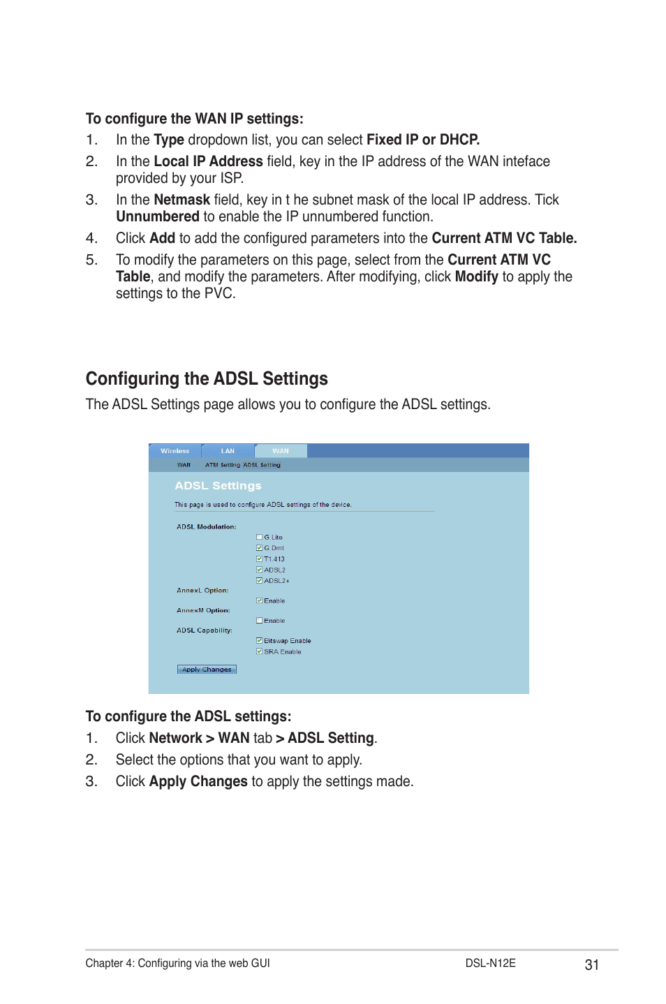 Configuring the adsl settings | Asus DSL-N12E User Manual | Page 31 / 61