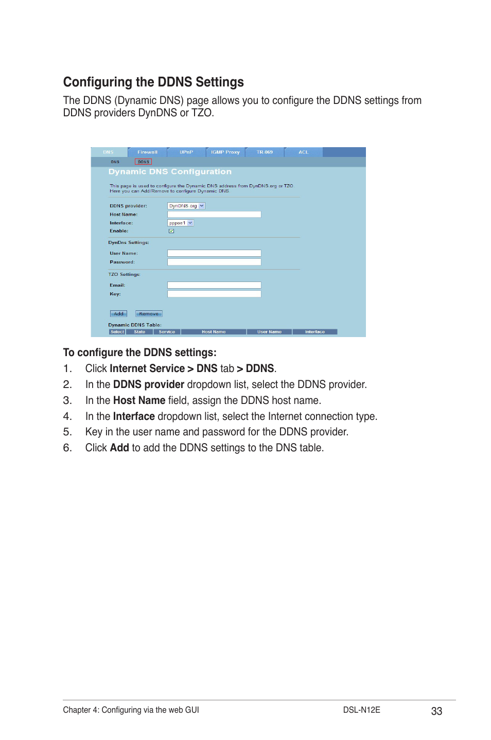 Configuring the ddns settings | Asus DSL-N12E User Manual | Page 33 / 61