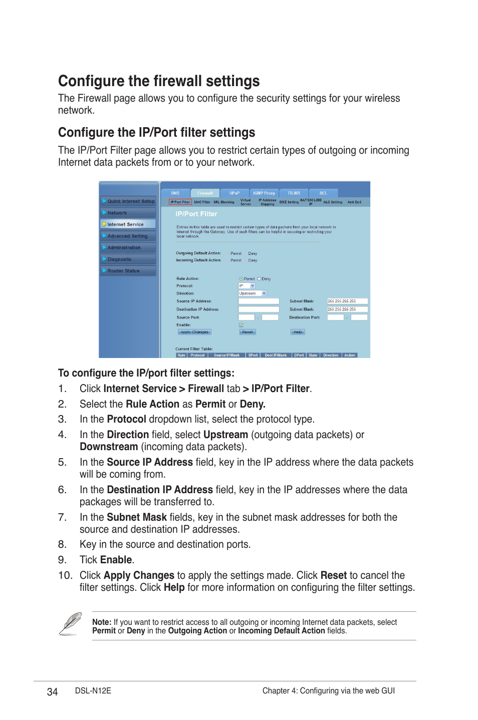 Configure the firewall settings, Configure the ip/port filter settings | Asus DSL-N12E User Manual | Page 34 / 61