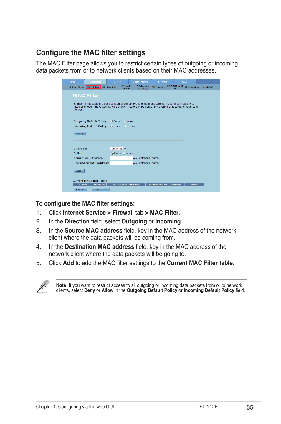 Configure the mac filter settings | Asus DSL-N12E User Manual | Page 35 / 61