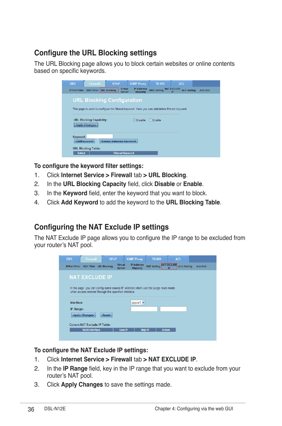 Configure the url blocking settings, Configuring the nat exclude ip settings | Asus DSL-N12E User Manual | Page 36 / 61