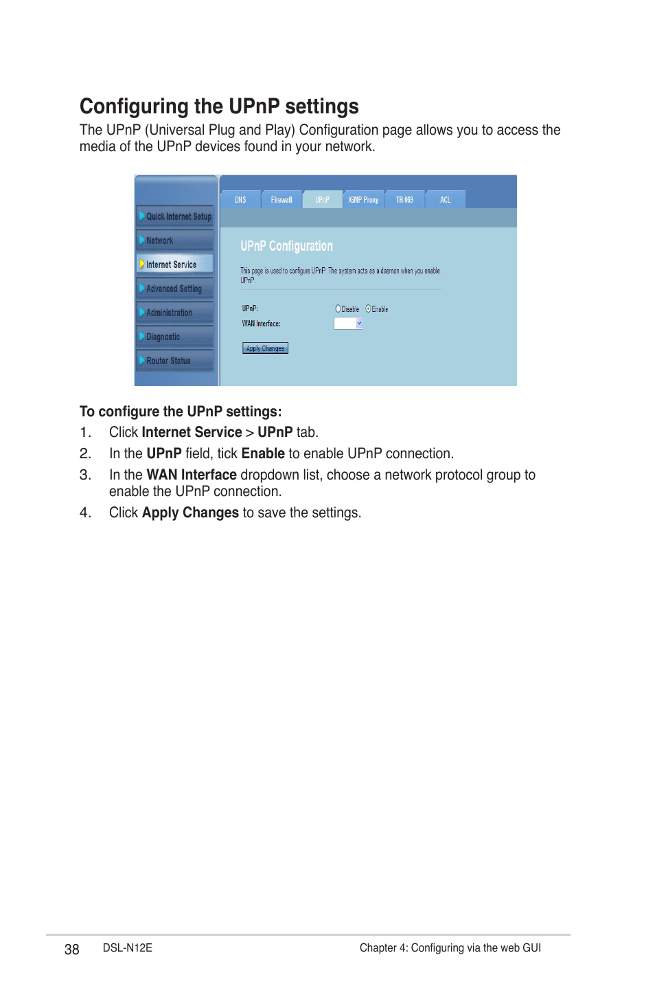 Configuring the upnp settings | Asus DSL-N12E User Manual | Page 38 / 61