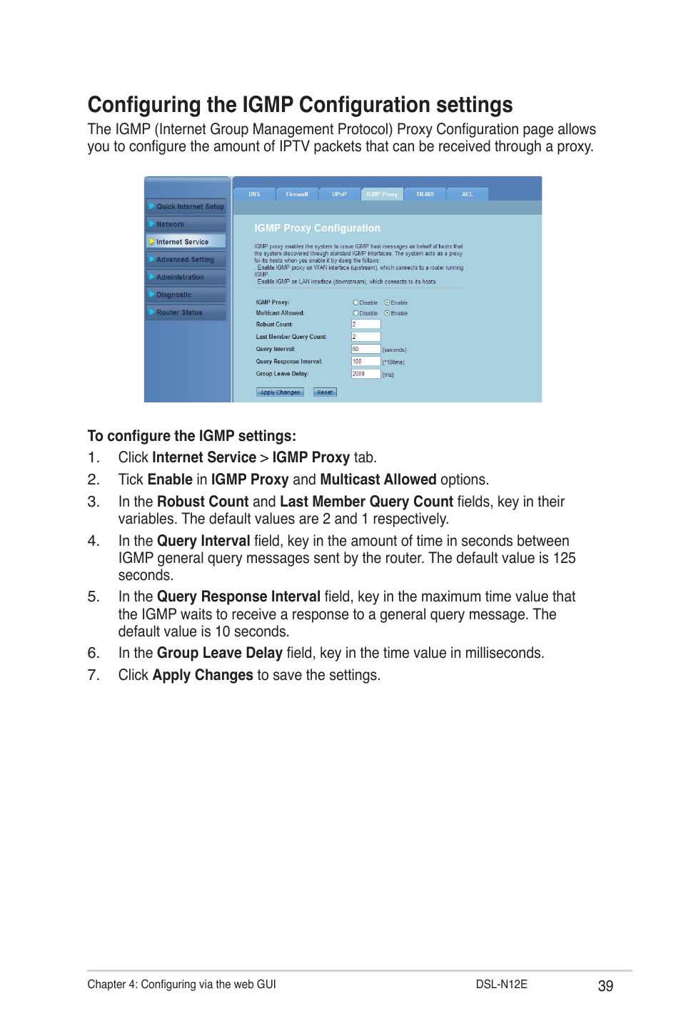 Configuring the igmp configuration settings | Asus DSL-N12E User Manual | Page 39 / 61