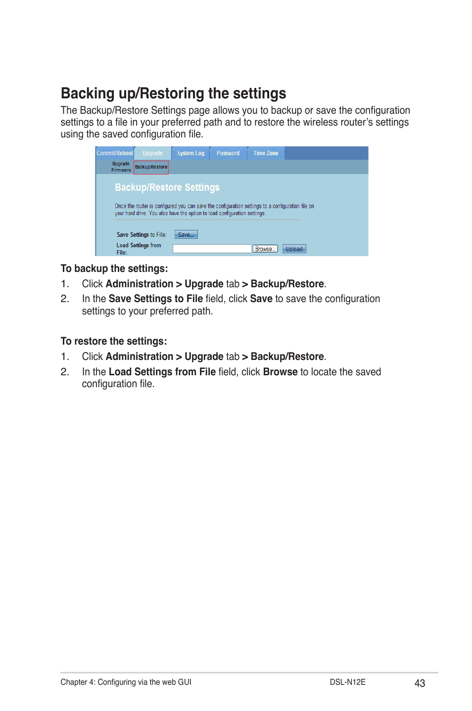 Backing up/restoring the settings | Asus DSL-N12E User Manual | Page 43 / 61