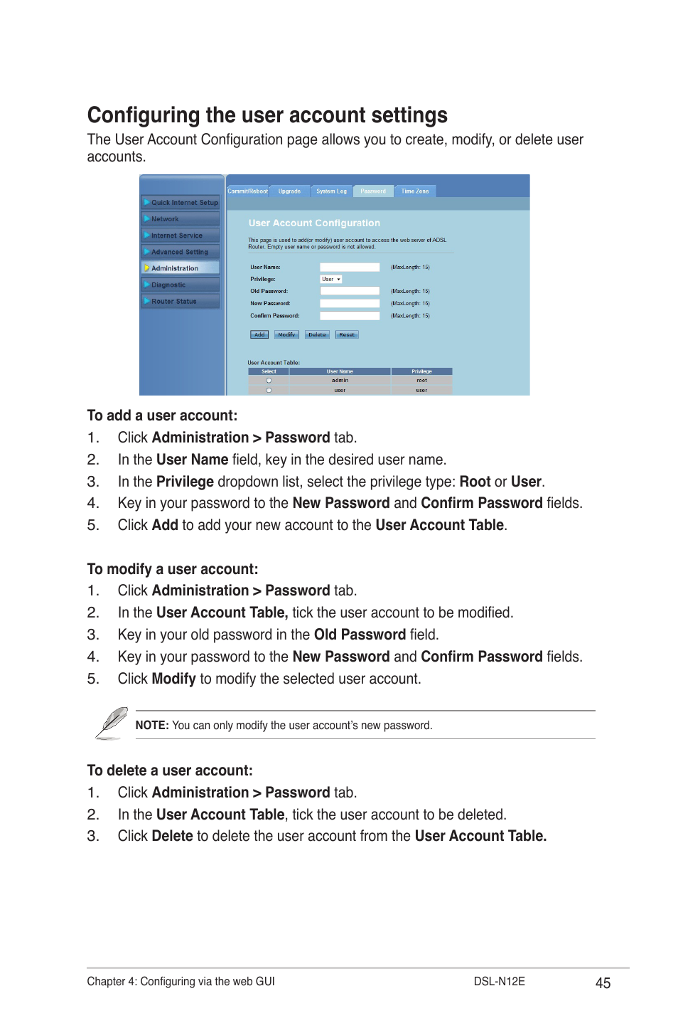 Configuring the user account settings | Asus DSL-N12E User Manual | Page 45 / 61