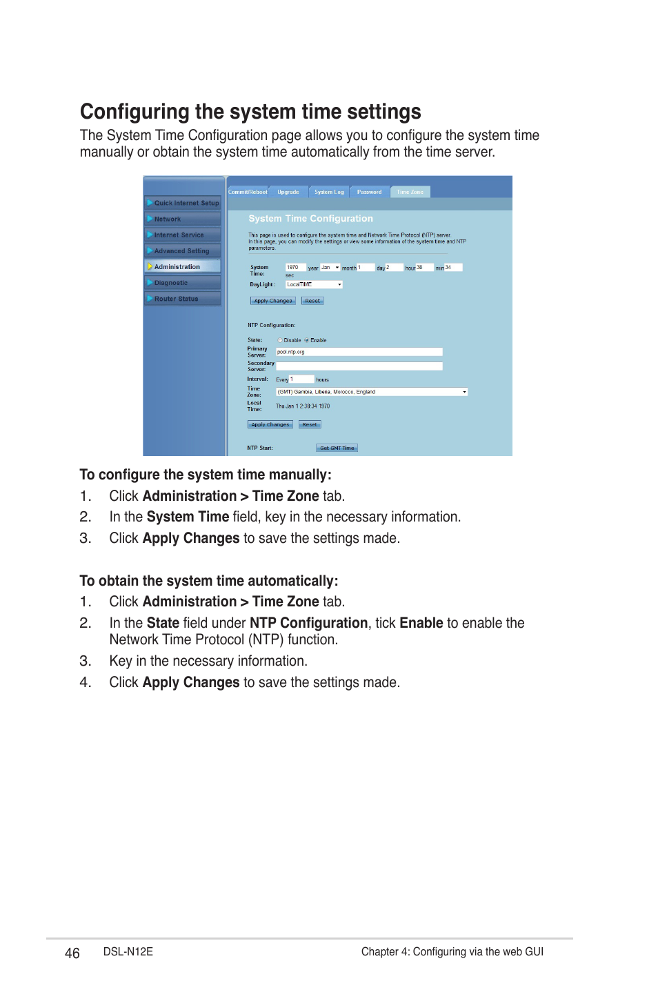 Configuring the system time settings | Asus DSL-N12E User Manual | Page 46 / 61