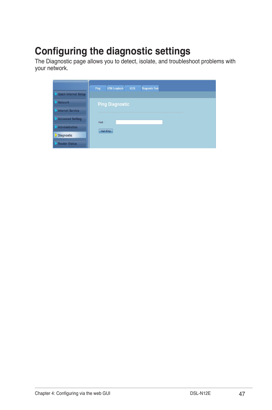 Configuring the diagnostic settings | Asus DSL-N12E User Manual | Page 47 / 61