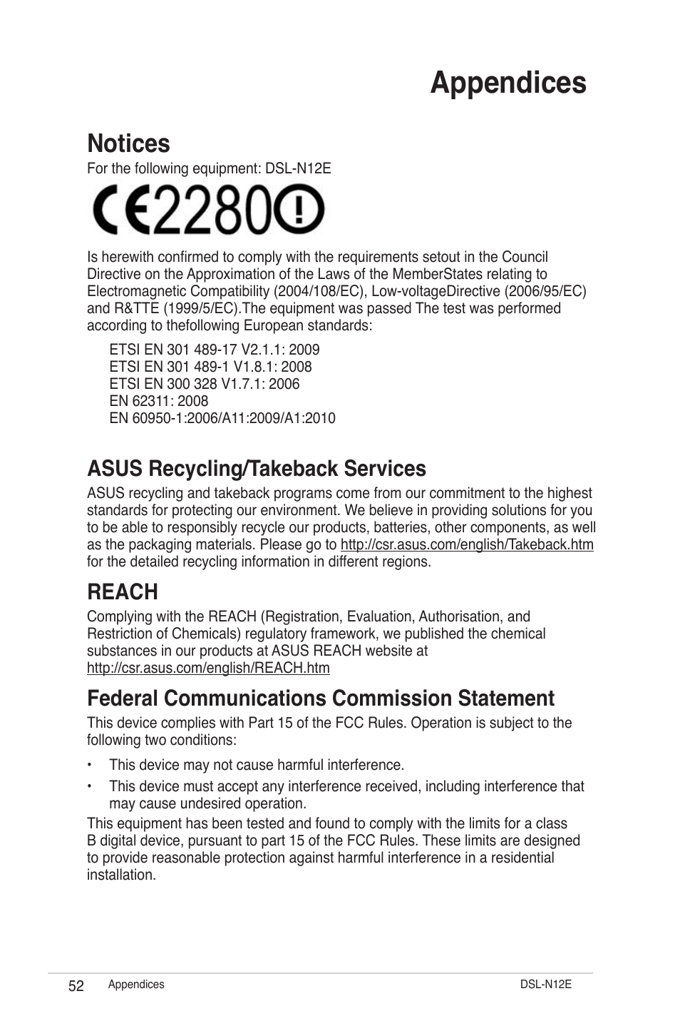 Appendices, Notices, Asus recycling/takeback services | Reach, Federal communications commission statement | Asus DSL-N12E User Manual | Page 52 / 61