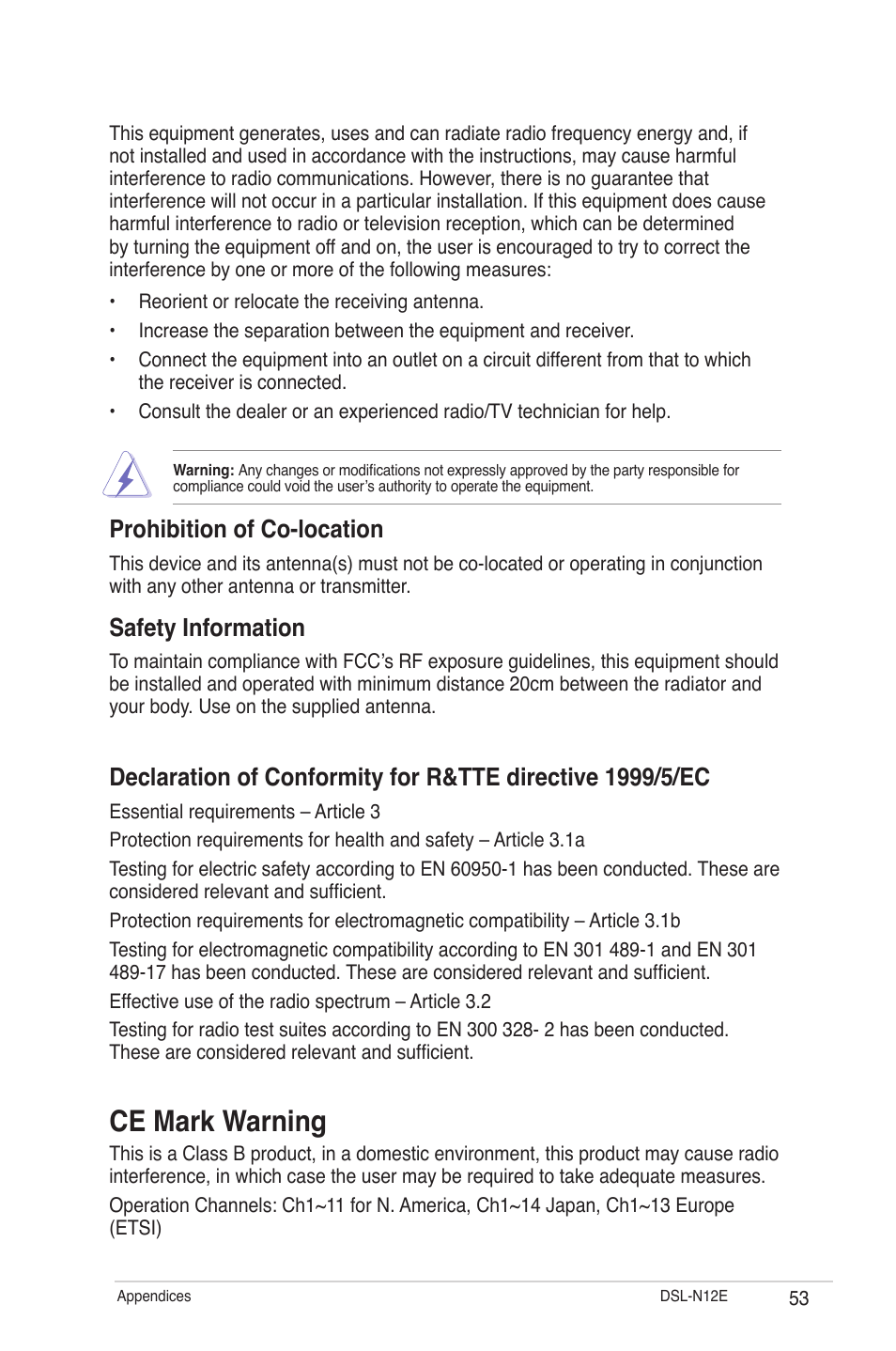 Ce mark warning, Prohibition of co-location, Safety information | Asus DSL-N12E User Manual | Page 53 / 61