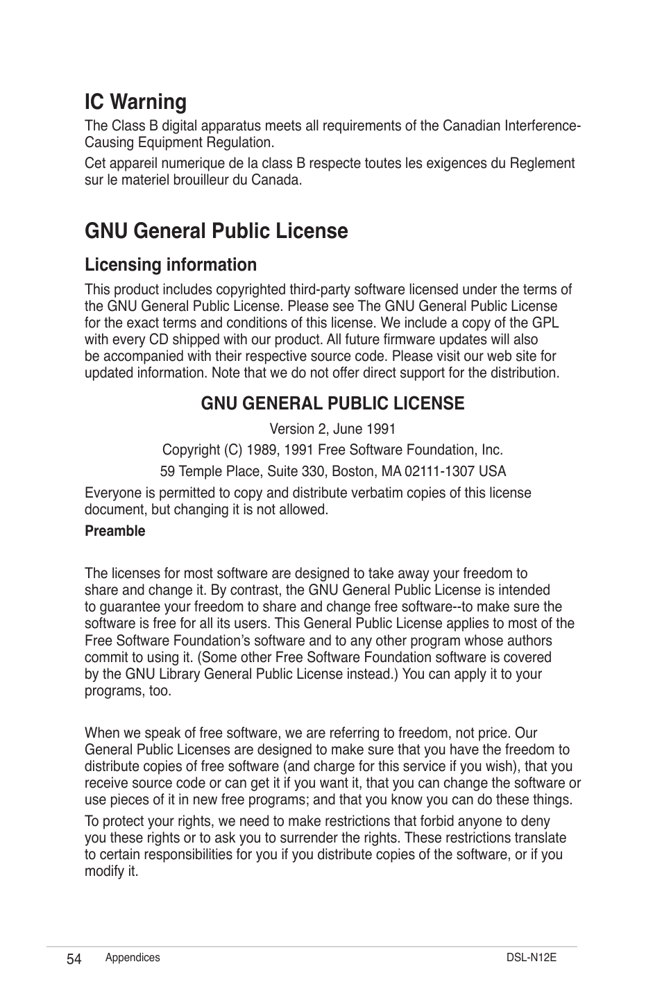 Ic warning, Gnu general public license, Licensing information | Asus DSL-N12E User Manual | Page 54 / 61