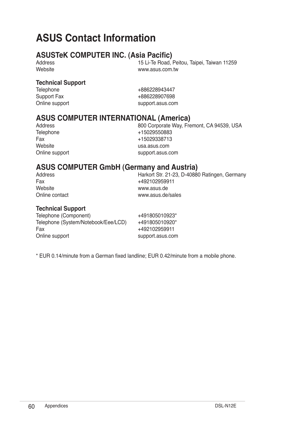 Asus contact information, Asustek computer inc. (asia pacific), Asus computer international (america) | Asus computer gmbh (germany and austria) | Asus DSL-N12E User Manual | Page 60 / 61