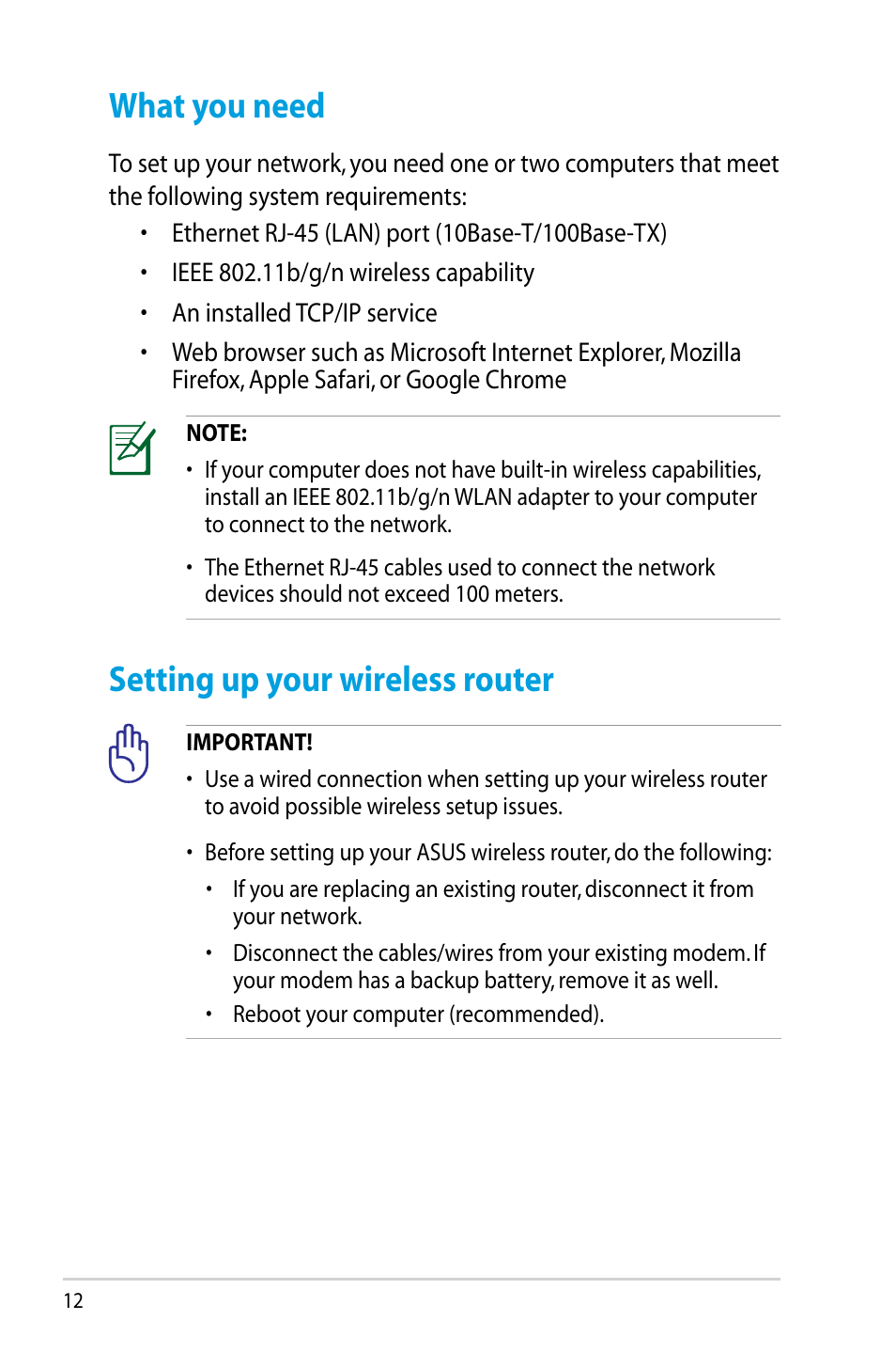 What you need, Setting up your wireless router, What you need setting up your wireless router | Asus RT-N12HP User Manual | Page 12 / 68