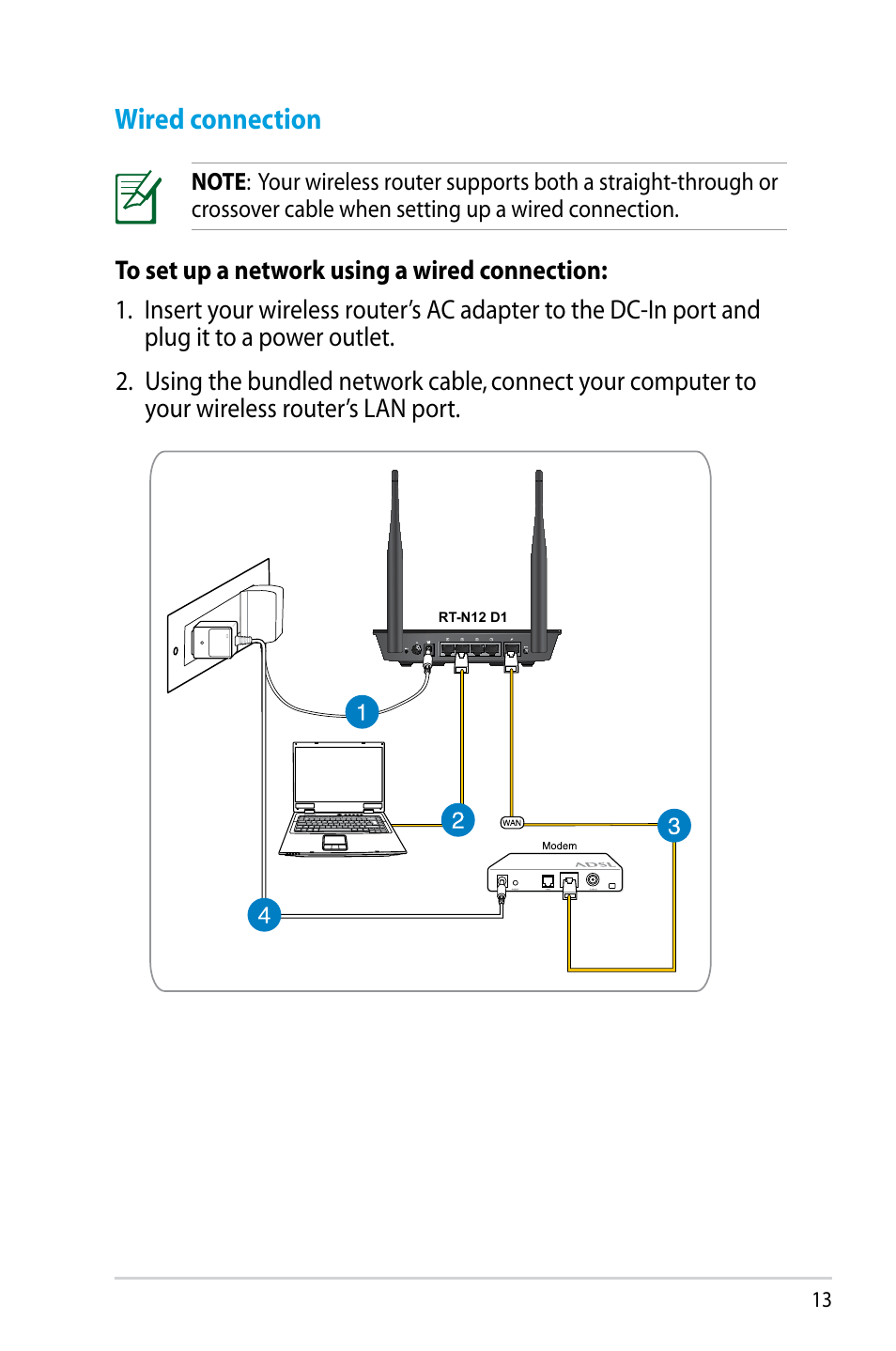 Wired connection | Asus RT-N12HP User Manual | Page 13 / 68