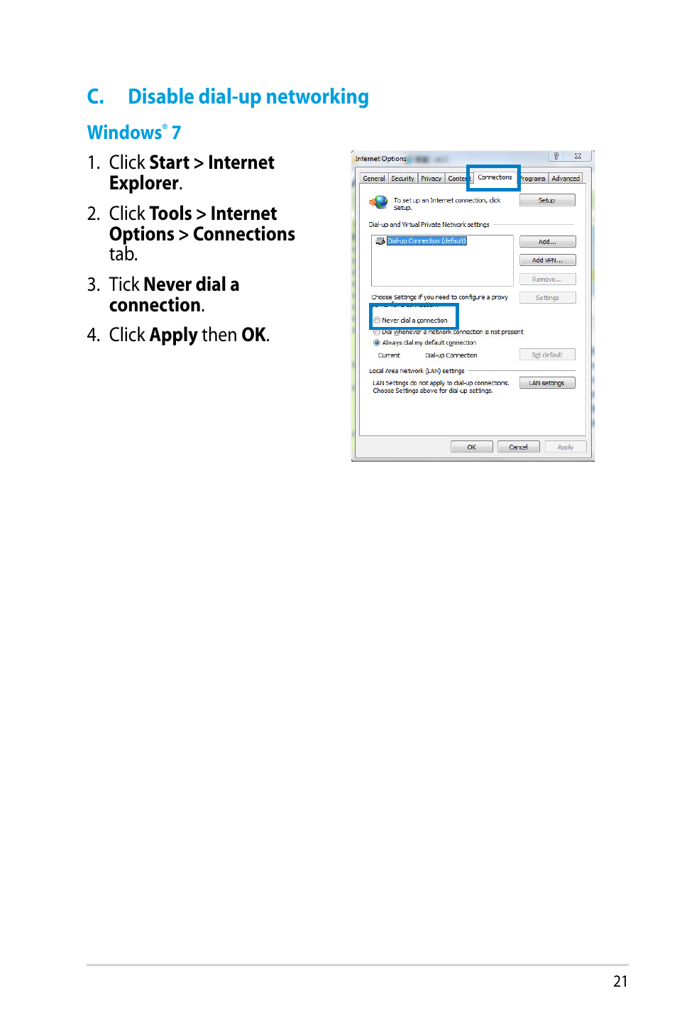 C. disable dial-up networking | Asus RT-N12HP User Manual | Page 21 / 68