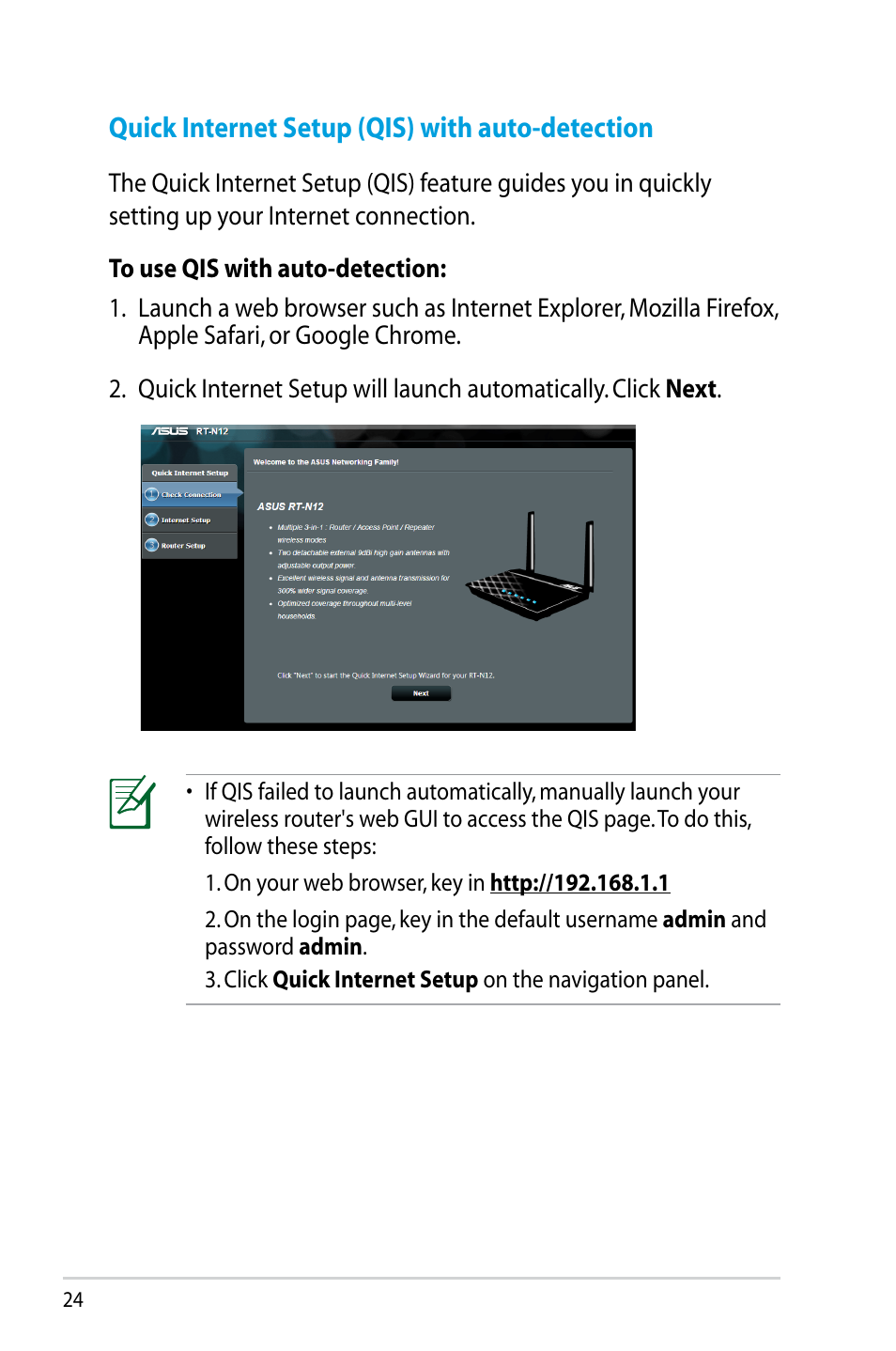 Quick internet setup (qis) with auto-detection | Asus RT-N12HP User Manual | Page 24 / 68