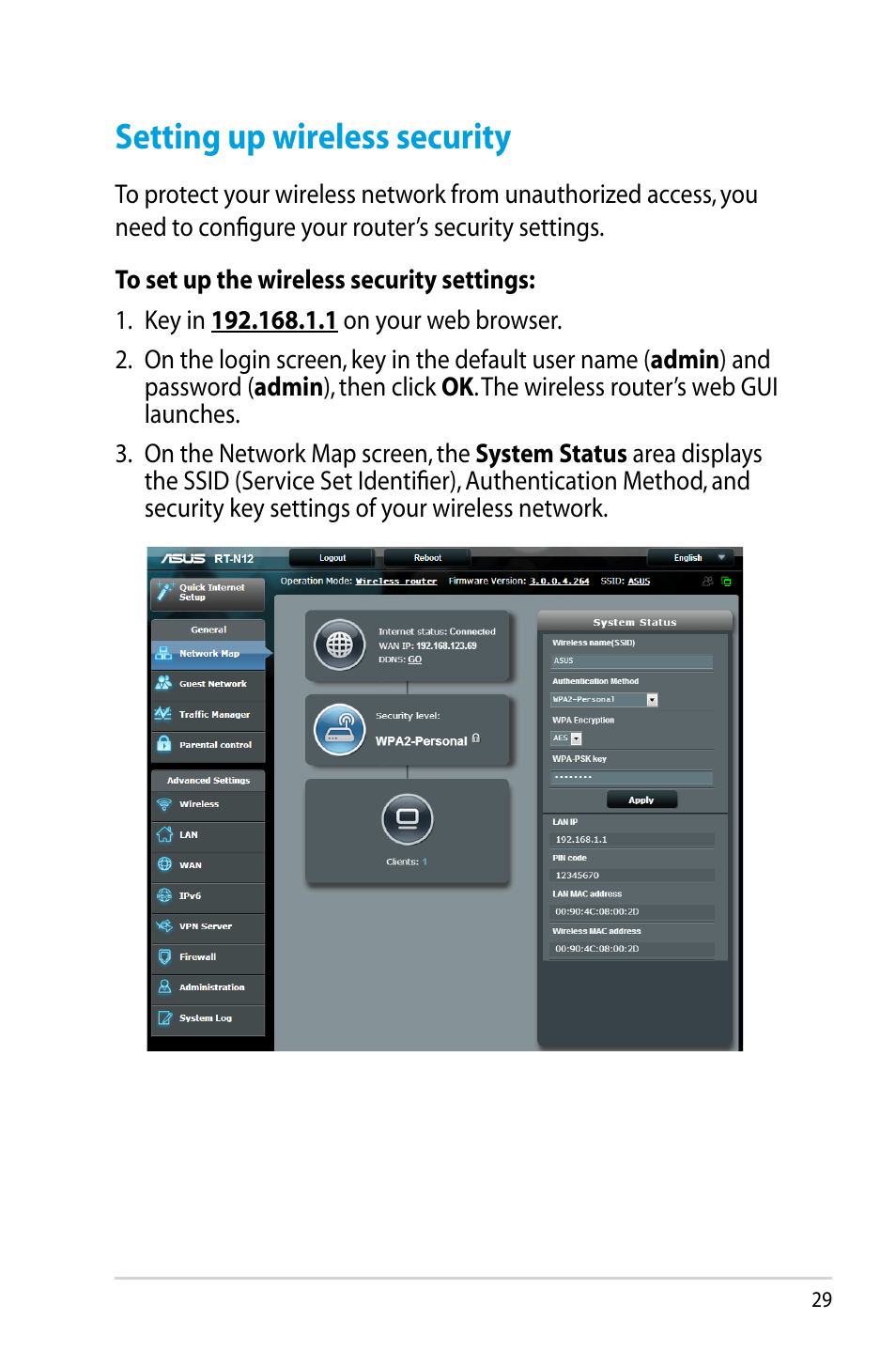 Setting up wireless security | Asus RT-N12HP User Manual | Page 29 / 68