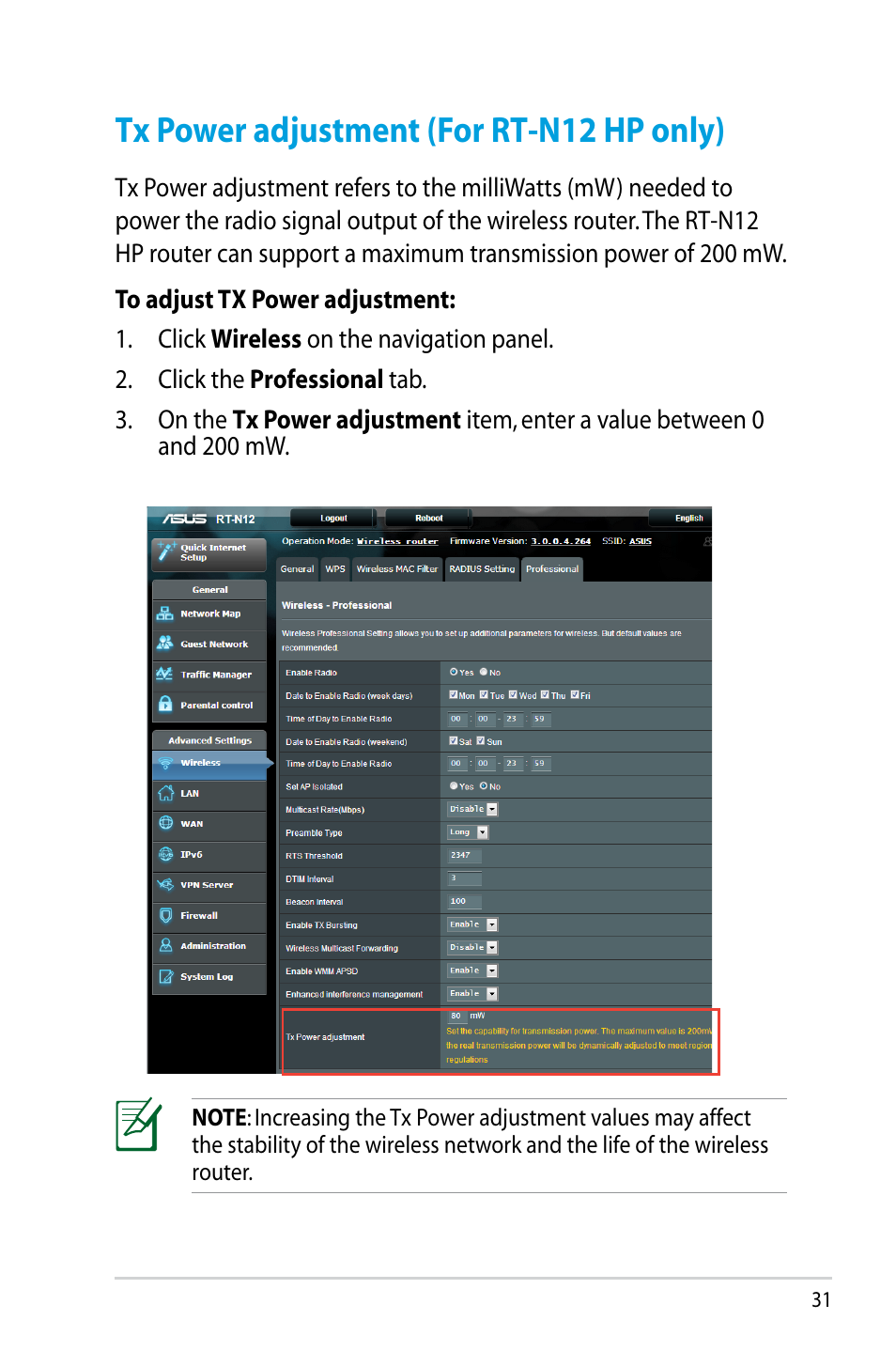 Tx power adjustment (for rt-n12 hp only) | Asus RT-N12HP User Manual | Page 31 / 68
