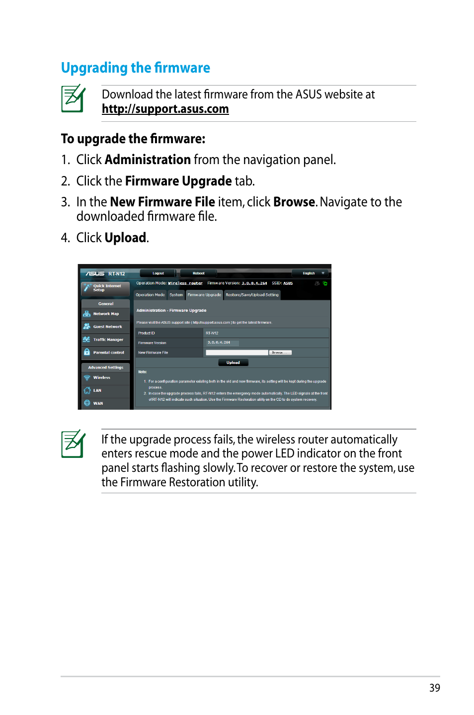 Upgrading the firmware | Asus RT-N12HP User Manual | Page 39 / 68