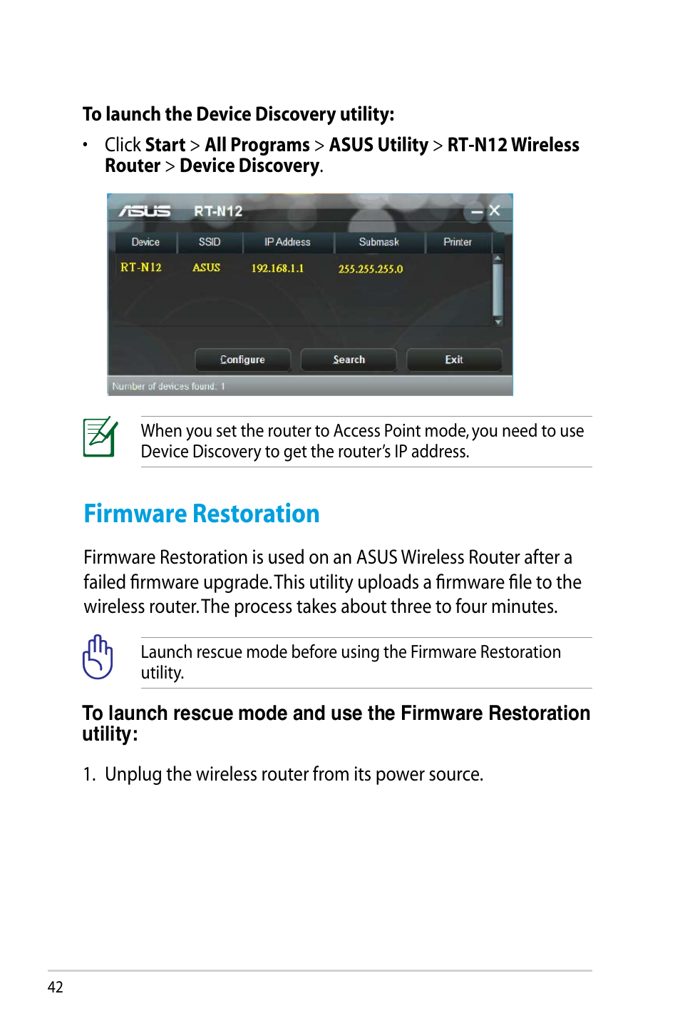 Firmware restoration | Asus RT-N12HP User Manual | Page 42 / 68