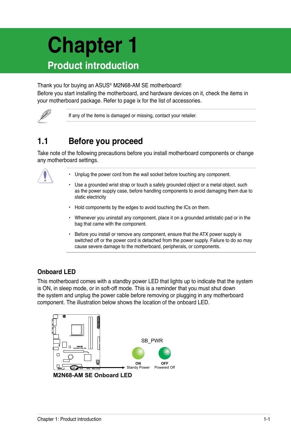 Chapter 1: product introduction, 1 before you proceed, Chapter 1 | Before you proceed -1, Product introduction | Asus M2N68-AM SE User Manual | Page 10 / 40