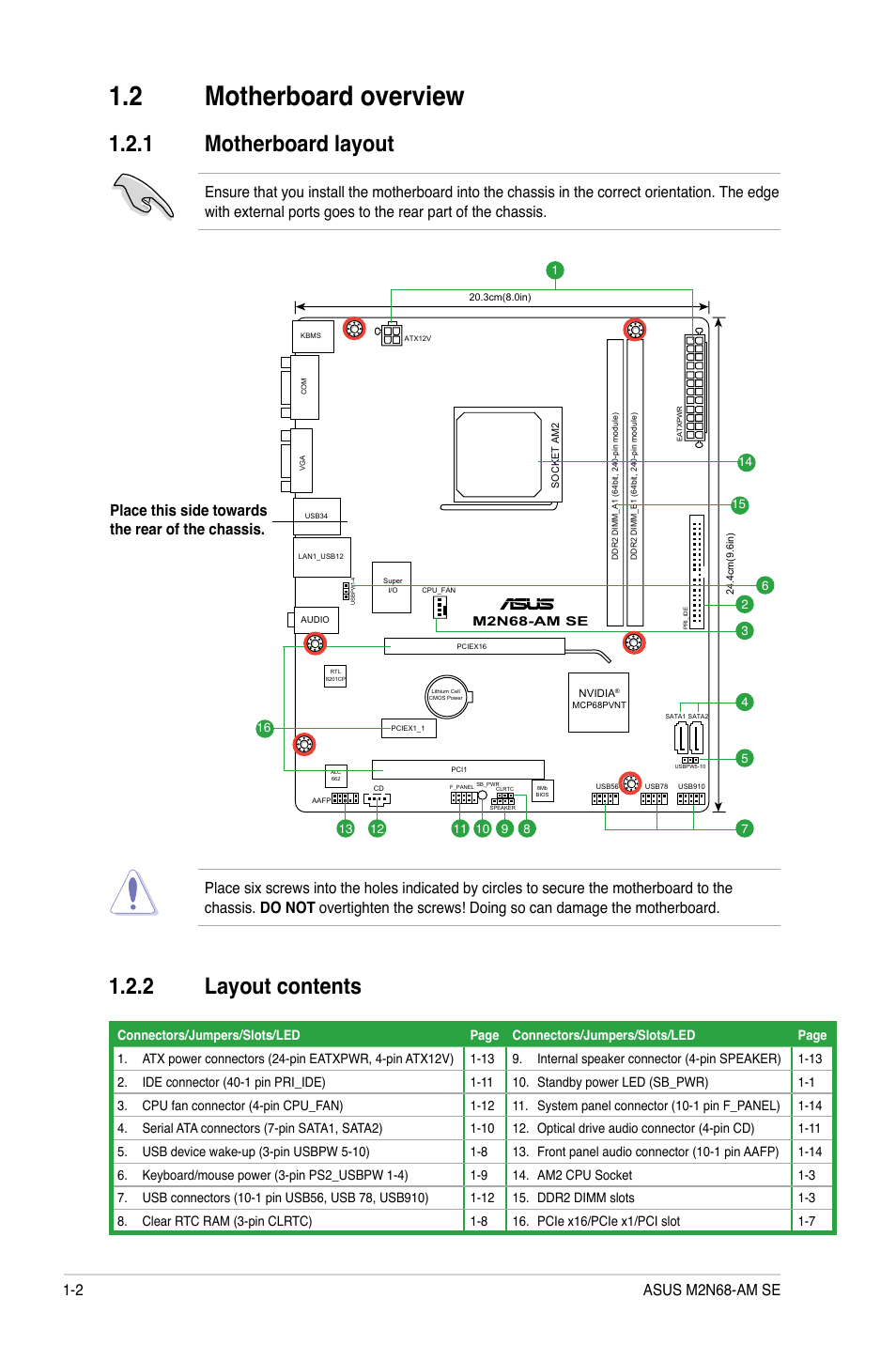 2 motherboard overview, 1 motherboard layout, 2 layout contents | Motherboard overview -2 1.2.1, Motherboard layout -2, Layout contents -2, 2 asus m2n68-am se | Asus M2N68-AM SE User Manual | Page 11 / 40