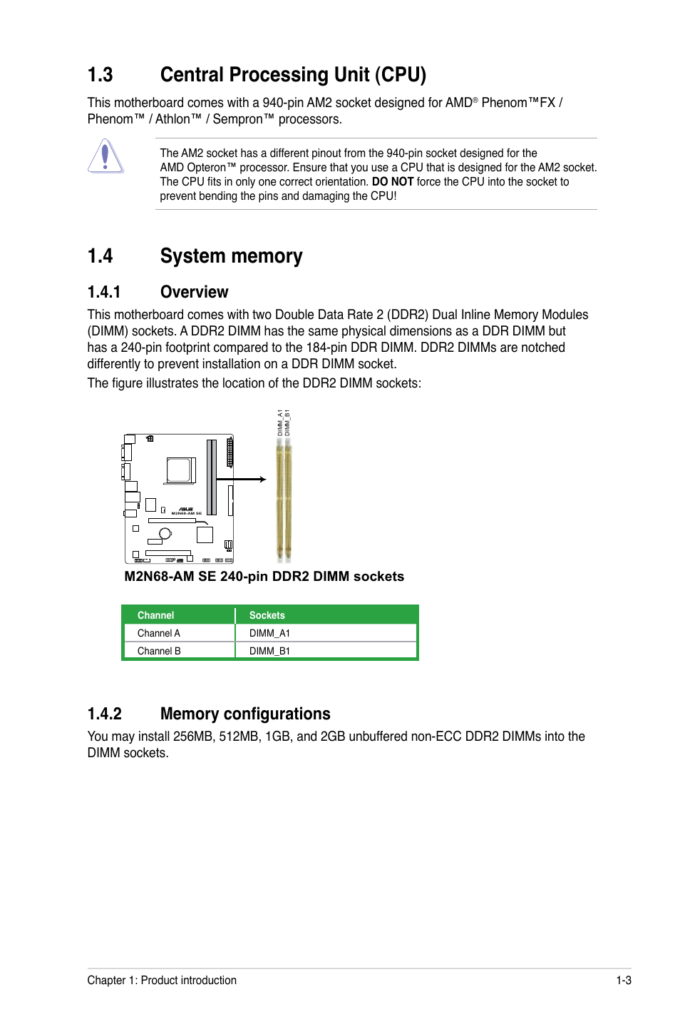 3 central processing unit (cpu), 4 system memory, 1 overview | 2 memory configurations, Central processing unit (cpu) -3, System memory -3 1.4.1, Overview -3, Memory configurations -3 | Asus M2N68-AM SE User Manual | Page 12 / 40