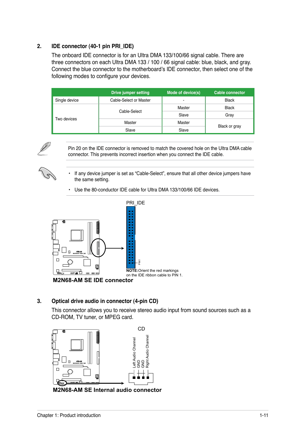 M2n68-am se ide connector, M2n68-am se internal audio connector | Asus M2N68-AM SE User Manual | Page 20 / 40