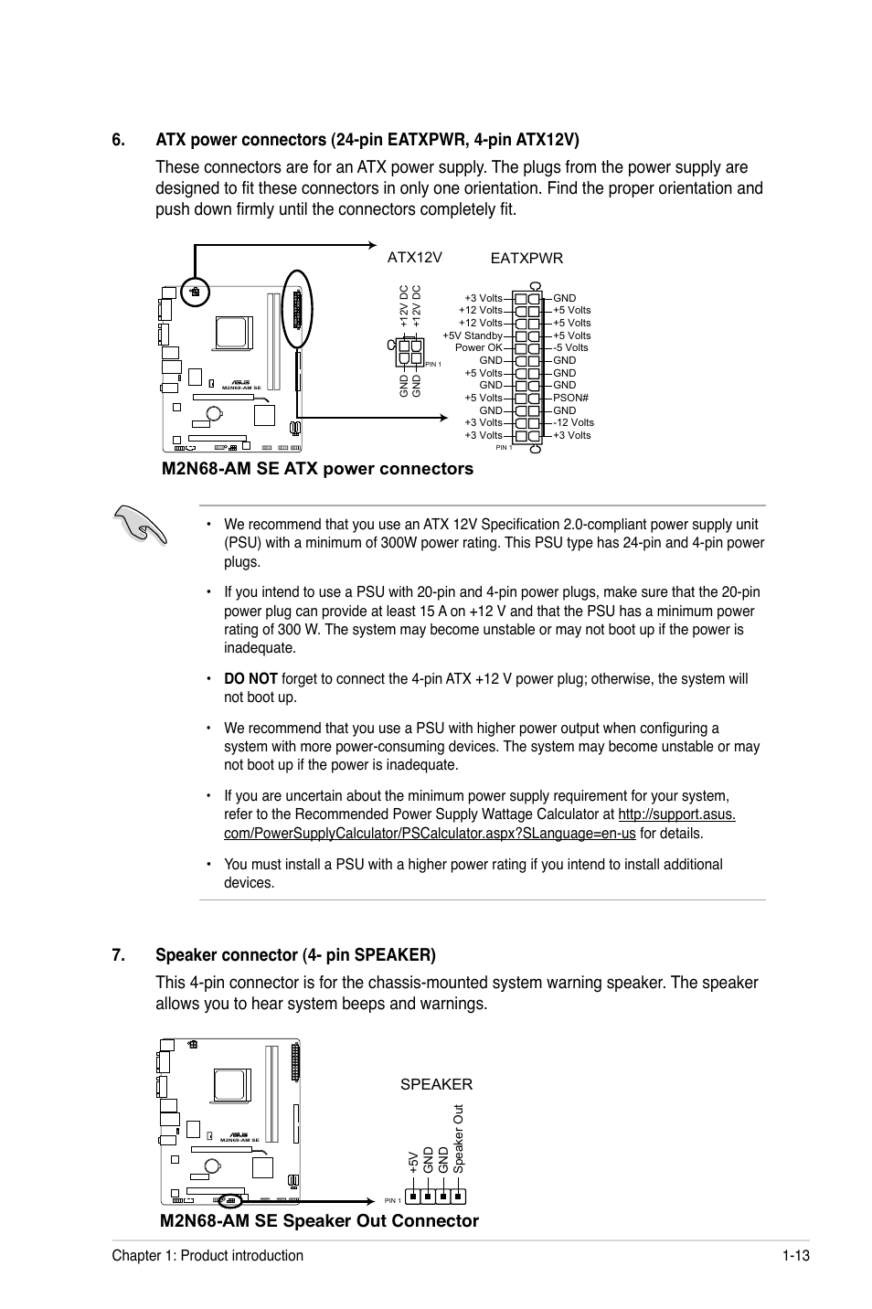 M2n68-am se atx power connectors, M2n68-am se speaker out connector | Asus M2N68-AM SE User Manual | Page 22 / 40