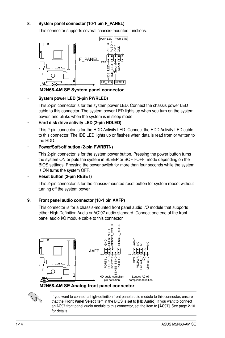 M2n68-am se system panel connector, F_panel, M2n68-am se analog front panel connector | Asus M2N68-AM SE User Manual | Page 23 / 40