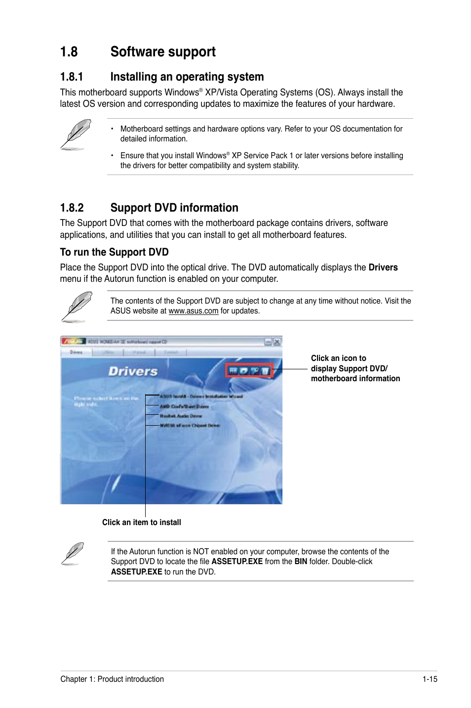 8 software support, 1 installing an operating system, 2 support dvd information | Software support -15 1.8.1, Installing an operating system -15, Support dvd information -15 | Asus M2N68-AM SE User Manual | Page 24 / 40