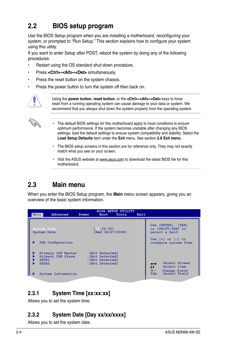 2 bios setup program, 3 main menu, 1 system time | 2 system date, Bios setup program -4, Main menu -4 2.3.1, System time -4, System date -4, 1 system time [xx:xx:xx | Asus M2N68-AM SE User Manual | Page 28 / 40