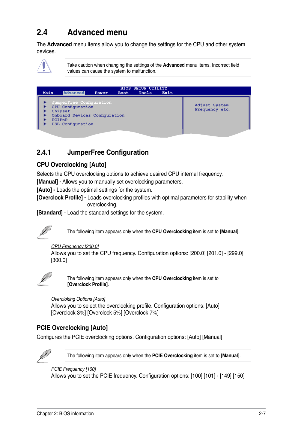 4 advanced menu, 1 jumperfree configuration, Advanced menu -7 2.4.1 | Jumperfree configuration -7 | Asus M2N68-AM SE User Manual | Page 31 / 40