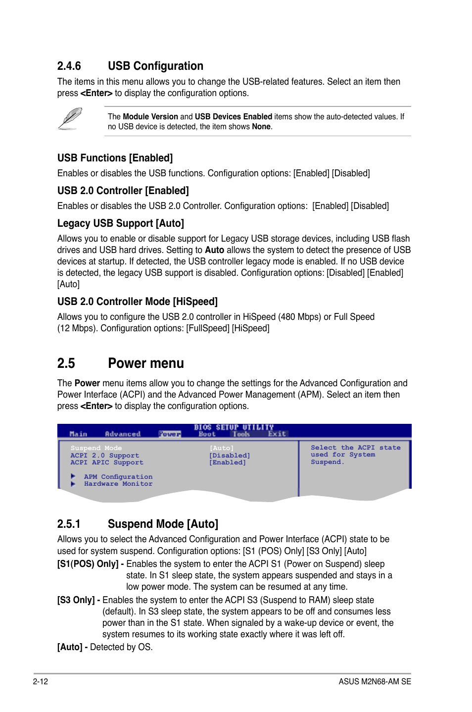 6 usb configuration, 5 power menu, 1 suspend mode | Usb configuration -12, Power menu -12 2.5.1, Suspend mode -12, 1 suspend mode [auto | Asus M2N68-AM SE User Manual | Page 36 / 40