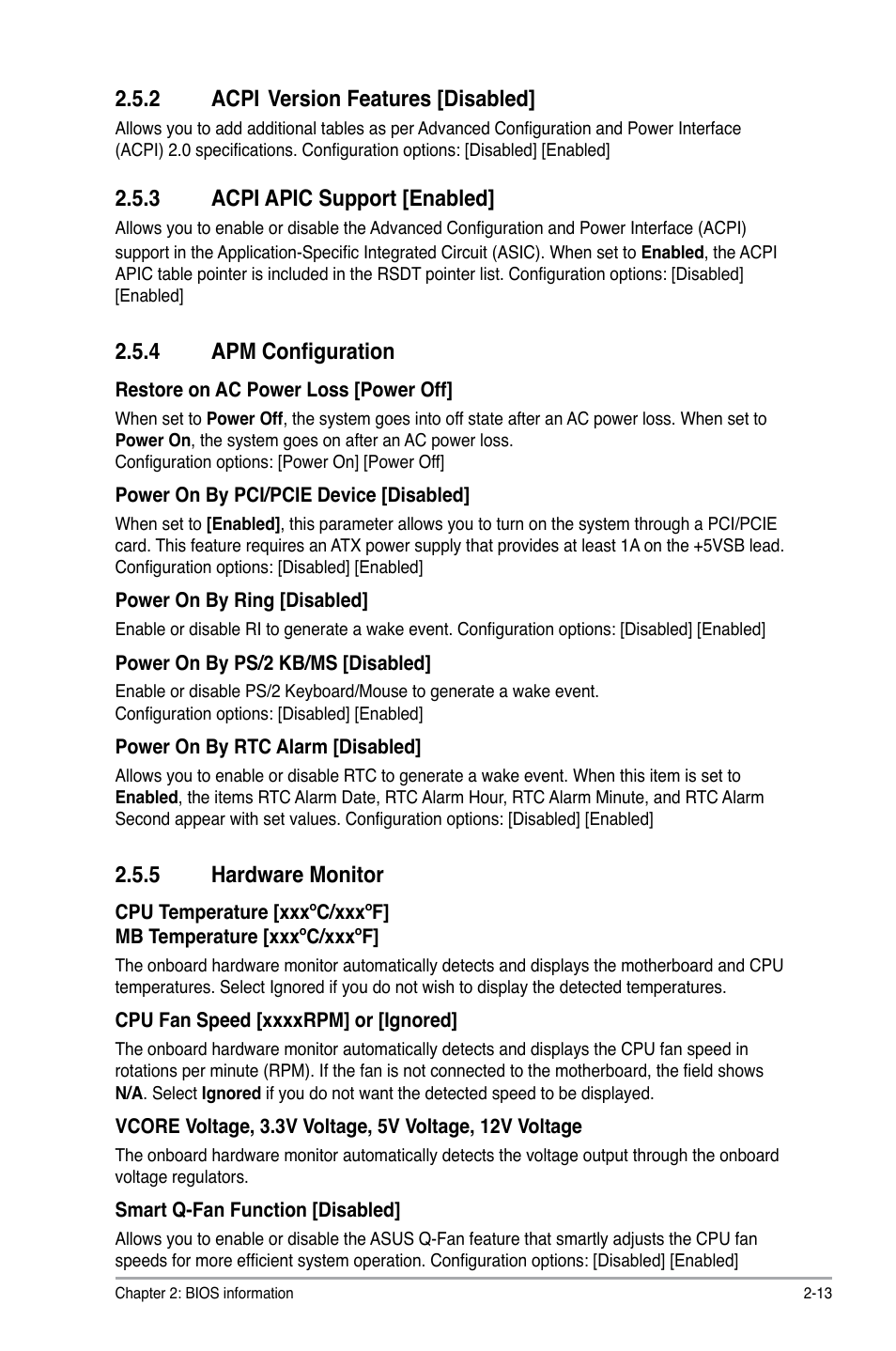 2 acpi version features, 3 acpi apic support, 4 apm configuration | 5 hardware monitor, Acpi, Version features -13, Acpi apic support -13, Apm configuration -13, Hardware monitor -13, 2 acpi | Asus M2N68-AM SE User Manual | Page 37 / 40