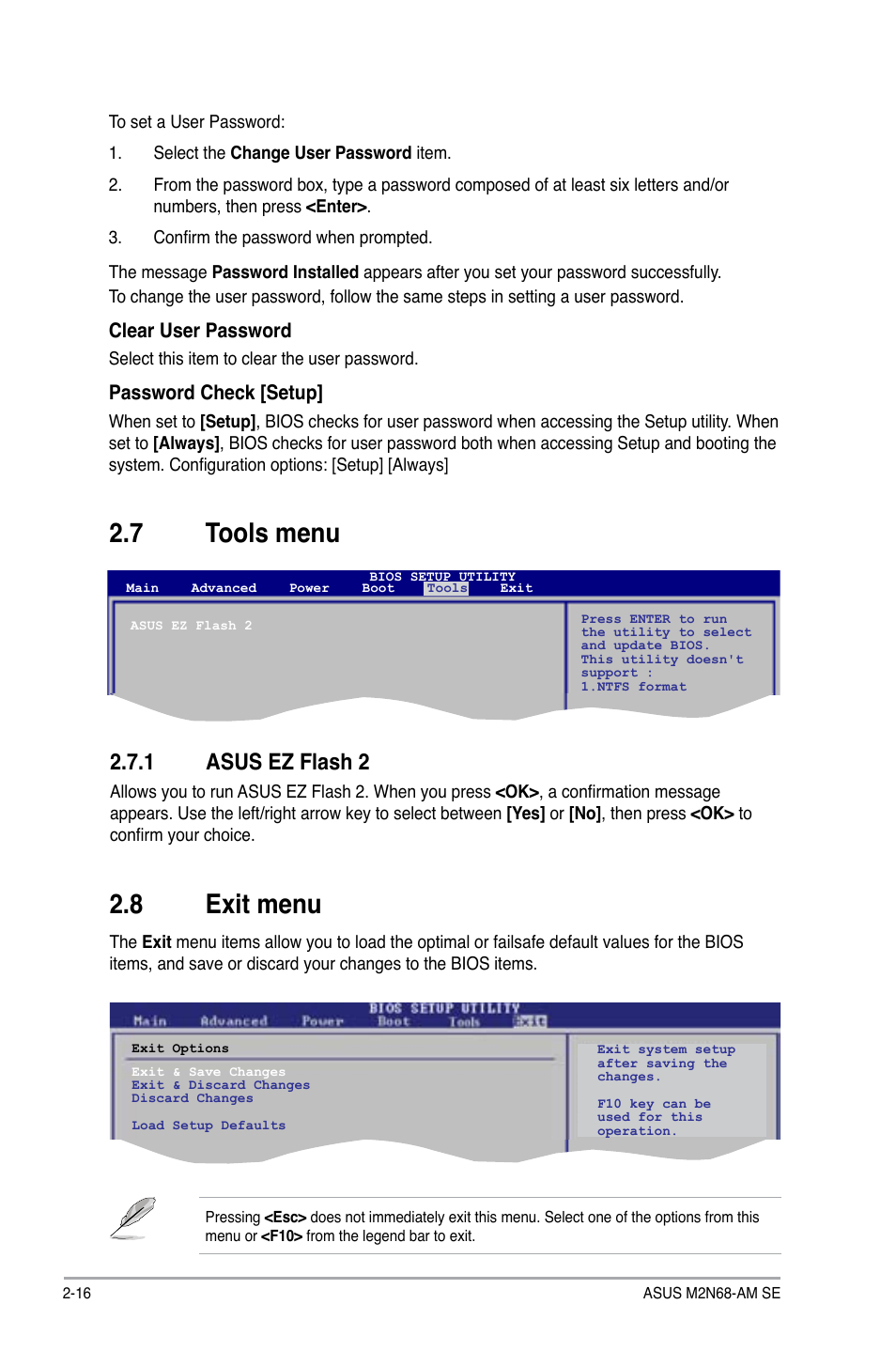 7 tools menu, 1 asus ez flash 2, 8 exit menu | Tools menu -16 2.7.1, Asus ez flash 2 -16, Exit menu -16 | Asus M2N68-AM SE User Manual | Page 40 / 40